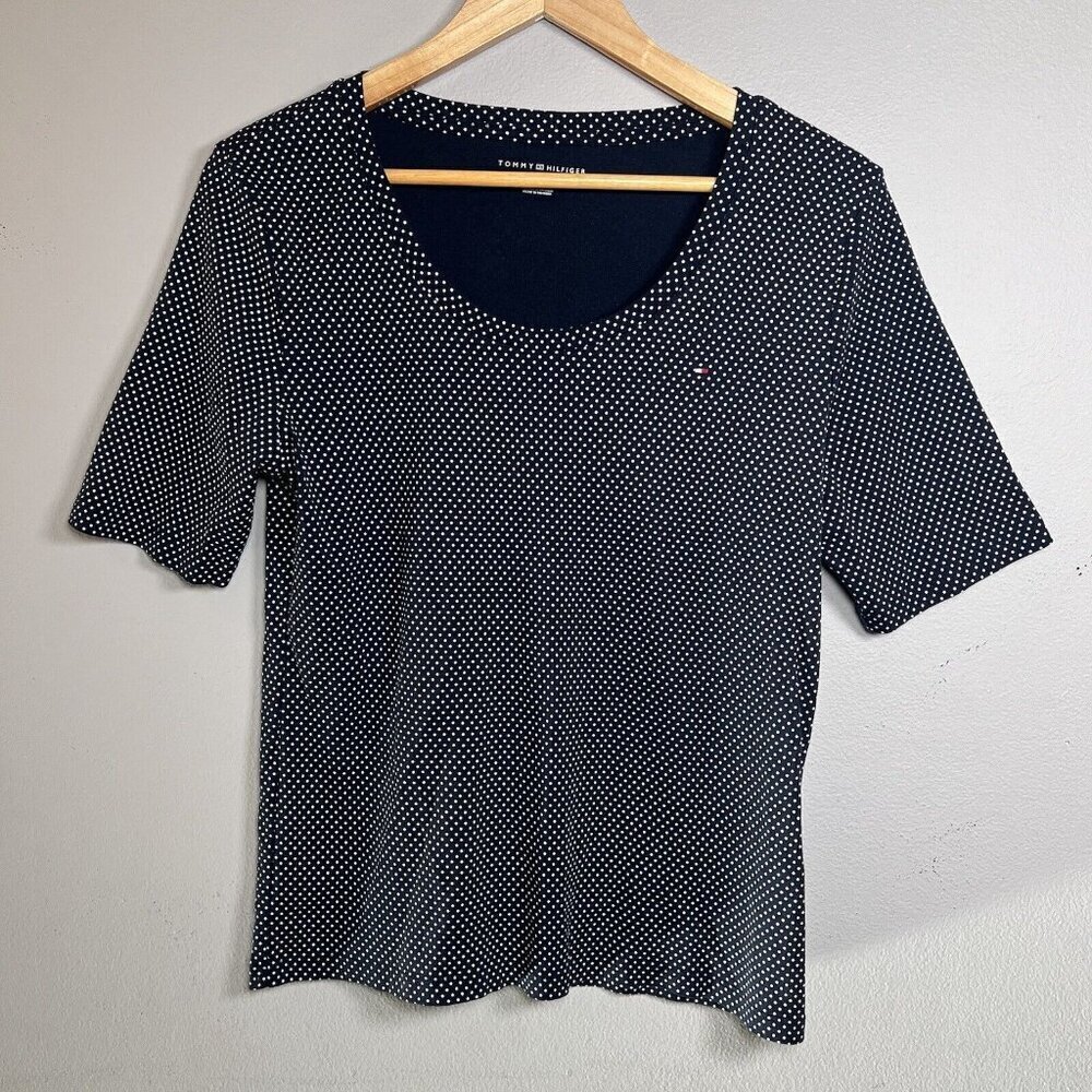Tommy Hilfiger Shirt Navy with White Polka Dot Top Women's XL